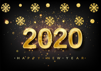 2020 New year background. Holiday label with fallen golden glitter confetti over black backdrop. Calendar design template. Greeting card web banner
