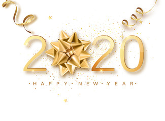 Obraz na płótnie Canvas Happy New 2020 Year. Greeting card web banner or poster with happy new year 2020 with christmas bow gold glitter confetti and shine. Luxury Vector illustration.