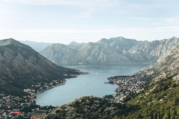 Beautiful view of the Bay of Kotor in Montenegro. Aerial view of the mountains, the sea and the city of Kotor