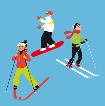 Active seniors skiing and snowboarding, EPS 8 vector illustration