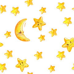 Watercolor seamless pattern with yellow moon and stars isolated on white. Hand painted texture with cartoon characters. Good night childish background. Baby design