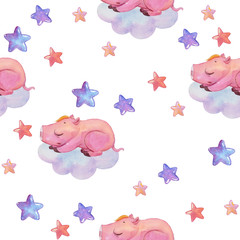 Watercolor seamless pattern with piggy dreaming on cloud isolated on white. Hand painted texture with cartoon sleeping character and color stars. Good night baby design