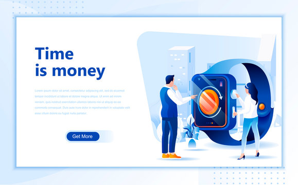 Time is money flat web page design template of homepage or header images decorated people for website and mobile website development. Flat landing page template. Vector illustration.