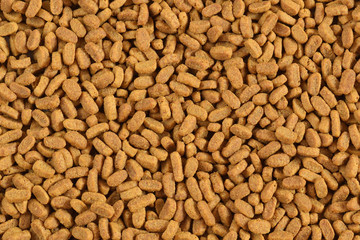 Dry food for cats or dogs. Closeup. Granules of oblong form. Top view	