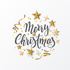 Greeting banner with text Merry Christmas and 3D gold symbols of celebration (shining stars, confetti, snowflakes and ribbons) isolated on light background. Vector festive decor for holiday flyers.