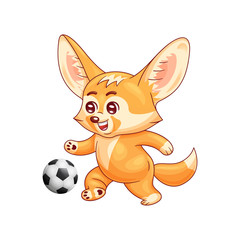 Fototapeta na wymiar Smiling fennec fox plays soccer. Cute kawaii cartoon character. Funny emotion and face expression. Isolated on white background