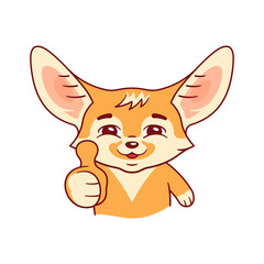 Smiling pleased fennec fox  shows his thumb with approval. Amusing kawaii cartoon character. Funny emotion and face expression. Isolated on white background