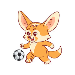 Fototapeta na wymiar Smiling fennec fox plays soccer. Amusing kawaii cartoon character. Funny emotion and face expression. Isolated on white background