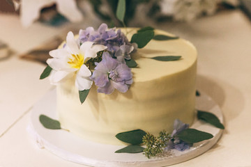 Close-up of a cake decorated with vibrant, white and blue flowers.