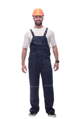 confident man in overalls . isolated on white