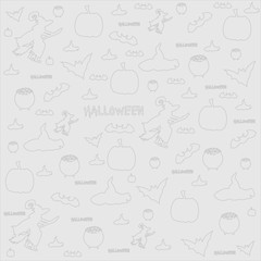 Seamless pattern with festive Halloween icons on white background. Design for wrapping paper, paper packaging, textiles, holiday party invitations, greeting card, messenger chat background