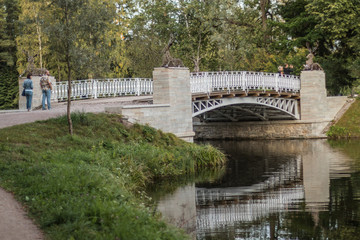 Old bridge in the park, which is reflected in calm water
