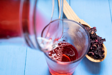 Hibiscus tea also called Jamaica water with dried flowers