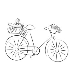 Bicycle with baskets of flowers on a frame . Line art.