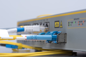 Network devices switch with UTP ethernet cables and optical fiber patch cords