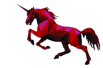 vector isolated image in the style of "love poly", a red unicorn jumps on a white background 