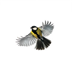 Fototapeta premium małe piękne ptasie sikorka leci szeroko rozpostarte skrzydła i pióra na na białym tle