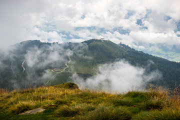 View from peak Krahbergzinken in Austrian Alps, Schladming village