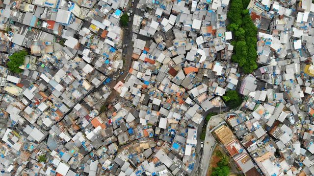 Drone Aerial shot. High View Of Rooftops Of Rocinha Favela. Rio De Janeiro. Brazil 