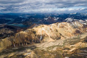 Scenery above view of Landmannalaugar colorful highland mountains