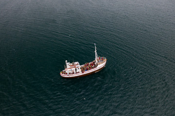 Beautiful boat shot from above. People on whale watching tour wearing special clothes