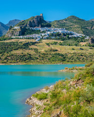 Fototapeta na wymiar Panoramic sight of the beautiful Zahara de la Sierra, province of Cadiz, Andalusia, Spain.