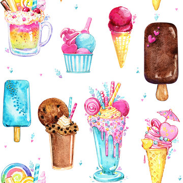 Ice cream cocktail pattern tasty pink watercolor seamless