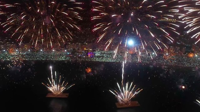 Drone aerial shot New Years fireworks Copacabana Beach, Rio de Janeiro, Brazil