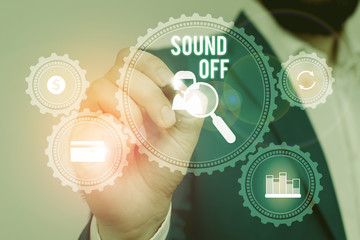 Text sign showing Sound Off. Business photo showcasing To not hear any kind of sensation produced...