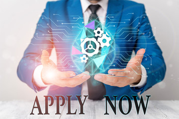 Writing note showing Apply Now. Business concept for An act of a demonstrating to acquire the job...