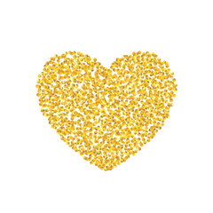 Backdrop Golden texture crumbs heart shaped. Gold dust scattering on a white background. Particles grain or sand assembled. Vector shards, pieces abstraction. Illustration grunge textures for design