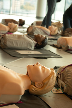 CPR dummies on the floor ready for a CPR contest