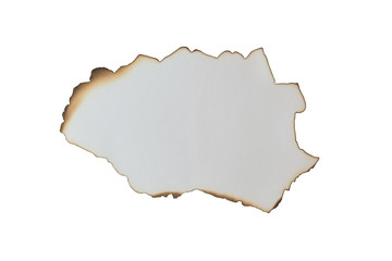 Piece of white paper with burnt edges isolated on white background. Copy space