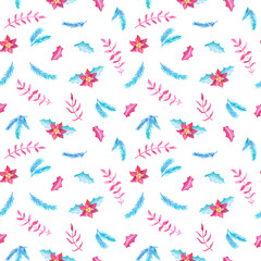 Blue and red Christmas ornament seamless pattern on white background. Xmas wrapping paper with watercolor illustration.