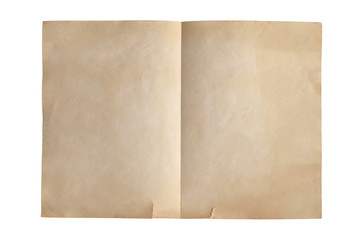Old weathered crumpled sheet of paper folded in half isolated on white. Top view. Closeup