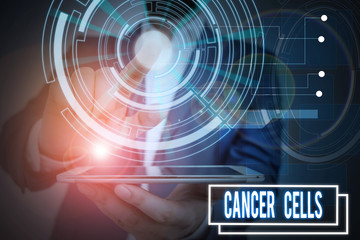 Text sign showing Cancer Cells. Business photo showcasing forming solid tumors or flooding the blood with abnormal cells Male human wear formal work suit presenting presentation using smart device