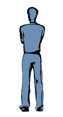 A man stands and looks into the distance. The view from the back. Vector drawing