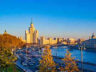 Beautiful view of Moscow from Zaryadye landscape park viewing bridge on a sunny autumn evening.