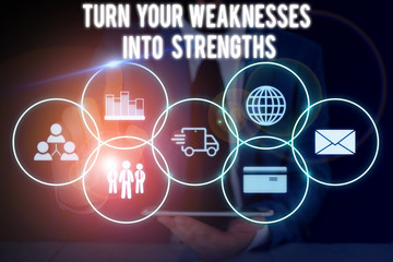 Conceptual hand writing showing Turn Your Weaknesses Into Strengths. Concept meaning work on your defects to get raid of them Male wear formal suit presenting presentation smart device