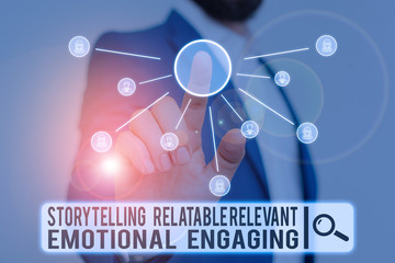 Writing note showing Story Telling relatablerele. Business concept for Storytelling Relatable...