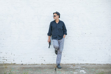 portrait of a man with gun replica