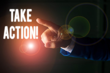 Word writing text Take Action. Business photo showcasing do something official or concerted to achieve aim with problem Isolated hand pointing with finger. Business concept pointing finger