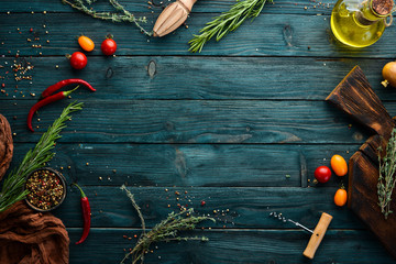 Blue banner of cooking. Top view. Free copy space.