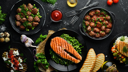 Food. A set of delicious dishes and delicacies. Flat lay. Top view. Free copy space.