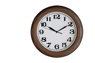 Classic brown wall clock isolated on white background. 