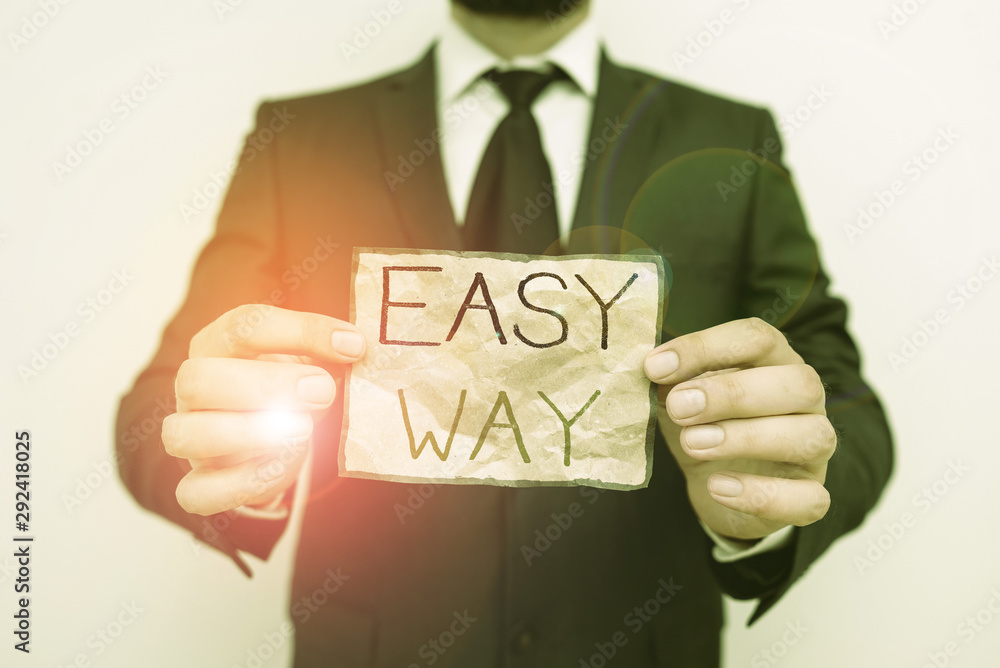 Poster writing note showing easy way. business concept for making hard decision between two less and more e