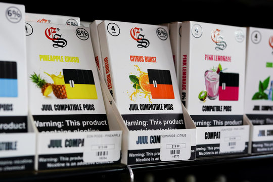 Flavored vape cartridges are pictured for sale at a shop in Atlanta