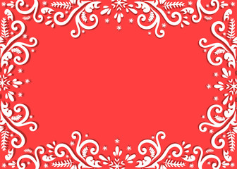 Christmas winter pattern drawn on red background. Use for postcards, greetings, book design, advertising. Vector isolated.  Beautiful winter frame.