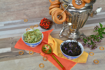 Russian traditional cuisine : dry chamomile and linden herbal tea, dry tea from thyme, mint, black...