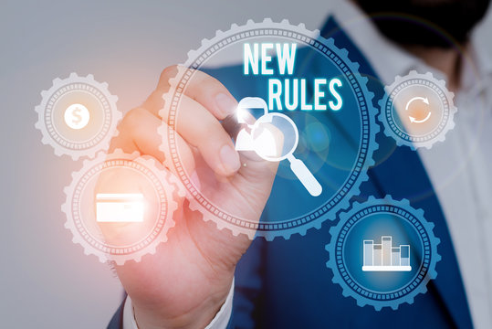 Text sign showing New Rules. Business photo showcasing A state of changing an iplemented policy for better upgrade Male human wear formal work suit presenting presentation using smart device